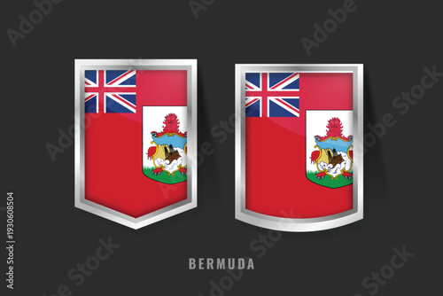 Professional 3D vector illustration of Bermuda flag badges. Glossy metallic shields with the Red Ensign and sea venture shipwreck emblem for British Overseas Territory designs.