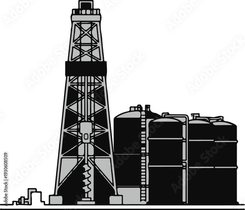Stylized illustration of an oil derrick and storage tanks
