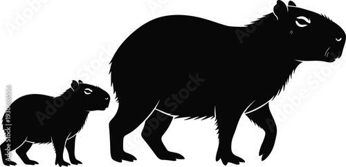 Black silhouette of an adult capybara and its baby walking together for nature, wildlife, South American animal, and vector designs,