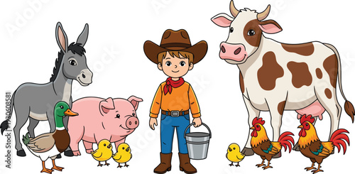 Cute cartoon farmer boy with farm animals cow pig donkey duck chicken and chicks isolated on white background