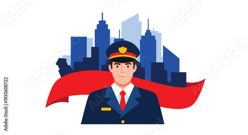 Illustration of a smiling pilot wearing a red cape standing in front of a city skyline.