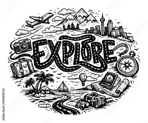 Travel explore concept with plane, camera, compass, luggage and map for travel poster, banner, background and design