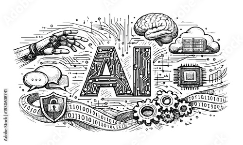 Ai technology concept with robotic hand, brain, cloud, security and binary code for design, banner, poster, background