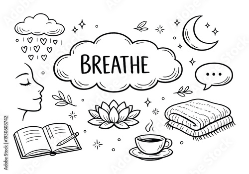 Wellness breathe mindfulness concept with lotus, tea, journal and blanket for relaxation poster, background and design