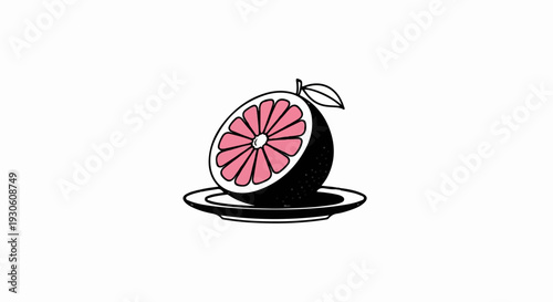 Stylized pink citrus half with leaf on black plate