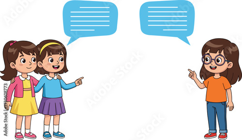 Cute cartoon girls talking with speech bubbles, children communication and conversation concept illustration isolated on white background