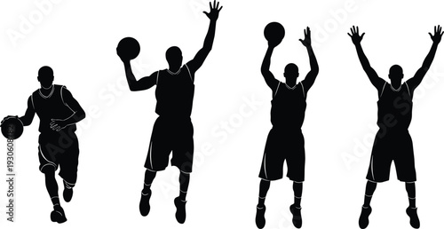 Black silhouette of basketball players jumping, dribbling and shooting ball, sports action set, basketball game icons isolated on white background,
