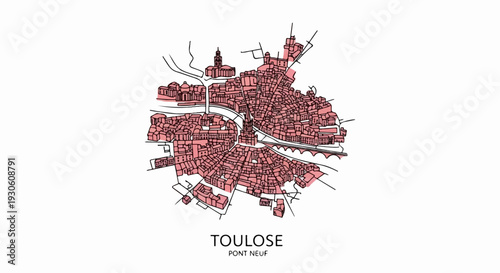 Stylized pink map of Toulouse, highlighting buildings and a bridge