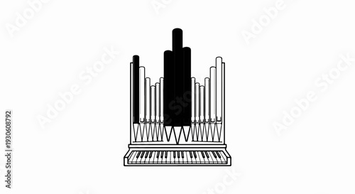 Stylized pipe organ with black and white pipes and keyboard