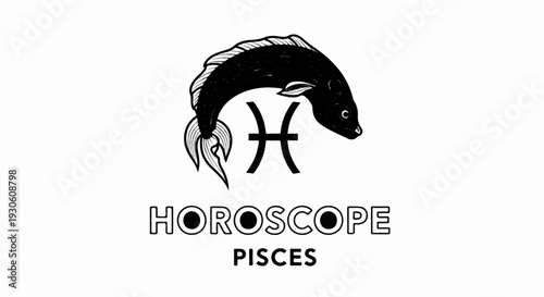 Stylized Pisces horoscope symbol with a fish and text on a white background
