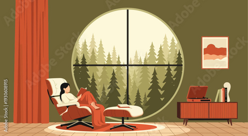 Woman Reading by Large Window with Forest View