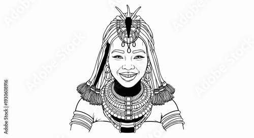 Stylized portrait of a smiling person adorned with elaborate headdress and jewelry