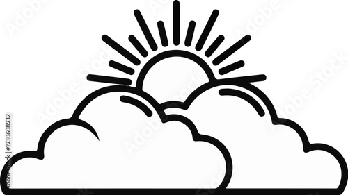 Stylized sun rising over fluffy clouds, graphic icon