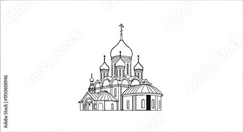Stylized illustration of an ornate orthodox church with multiple domes