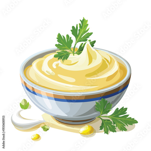 Creamy sauce in decorative bowl with fresh parsley garnish