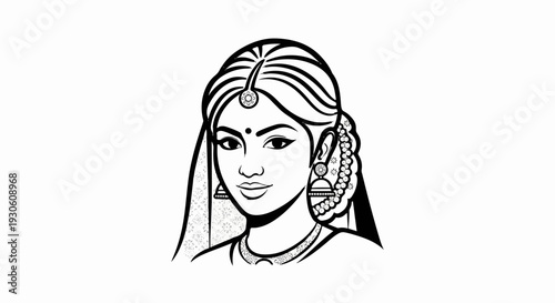 Stylized portrait of a woman in traditional attire with ornate jewelry