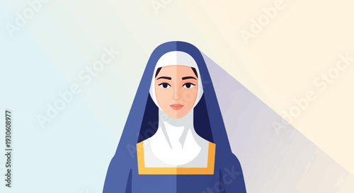 Stylized portrait of a woman wearing a nun's habit against a soft gradient background