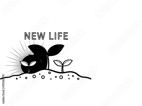 Stylized sunburst behind sprouts emerging from sandy soil with circles