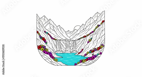 Stylized mountain valley with a cascading waterfall into a turquoise pool