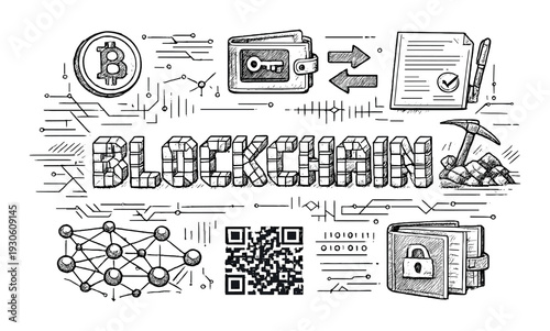 Blockchain concept with bitcoin wallet nodes qr code mining pickaxe and smart contract icons for cryptocurrency security background and banner design