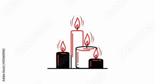 Stylized illustration of four lit candles in black and white with red flames