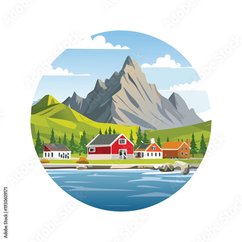 Coastal village scene with mountains and lake illustration
