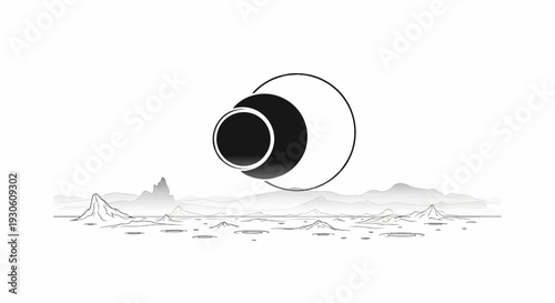 Stylized circular eclipse graphic over abstract mountainous terrain