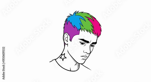 Stylized portrait of a young person with brightly colored hair and a star tattoo