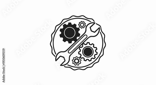 Stylized circular emblem with gears, wrench, and serrated edge
