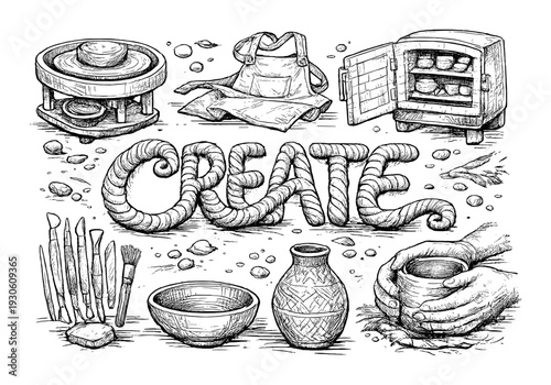 Creative pottery and ceramics craft sketch with pottery wheel, apron and handmade tools for art class poster and craft background