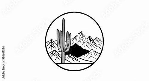 Stylized circular image depicts a saguaro cactus against mountainous desert backdrop
