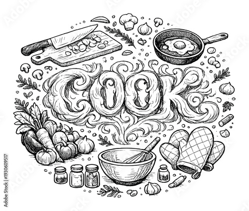 Rustic hand-drawn cooking concept with kitchen utensils, fresh vegetables, herbs and oven mitts for menu design, poster and background