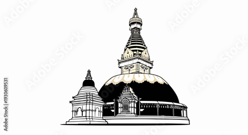 Stylized line art of a multi-tiered Buddhist stupa with large eyes