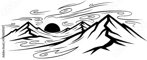 Stylized mountainous landscape with a dark sun or moon