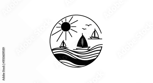 Stylized scene of sun, sailboats, birds, and ocean waves within a circle