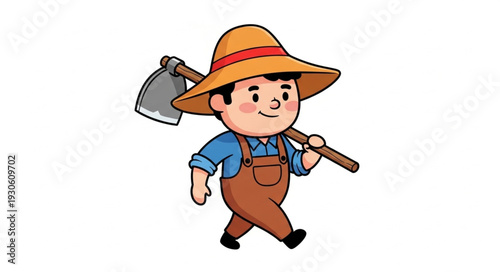 Cartoon Farmer Walking with Shovel on Shoulder.