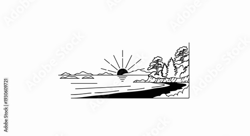 Stylized line art of a sunset over water with trees and mountains