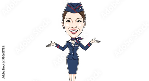 Cartoon Female Flight Attendant Smiling Welcoming.