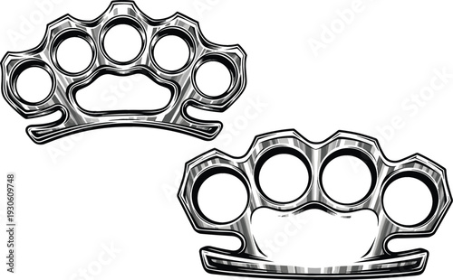 Brass Knuckles Metal Weapon Illustration Set with Engraved Steel Knuckle Duster Design Isolated on White Background Vector Graphic