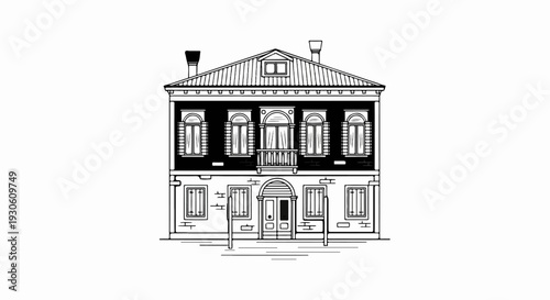 Stylized line art of a two-story building with multiple windows and a balcony