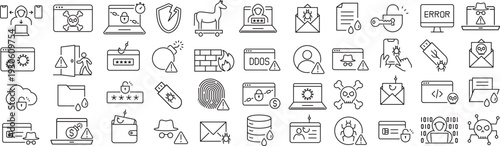 ベクターでモノクロのサイバー攻撃に関する線画アイコンセット
