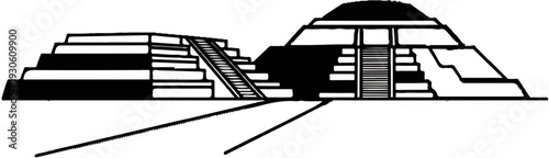Stylized illustration of tiered ancient structures with stairs and entrance