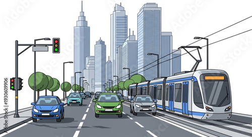 City Street with Cars and Tram.