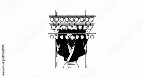 Stylized illustration of traditional attire with ornamental dangling spheres