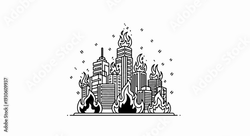 Stylized city skyline engulfed in flames, depicted in black and white
