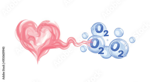 Illustration of a pink heart pumping oxygen molecules on a white background with a medical or scientific theme.