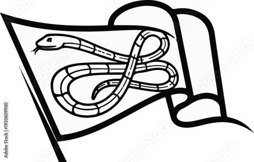 Stylized serpent coiled on a tattered flag banner, graphic symbol