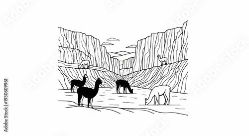 Stylized line art of llamas grazing in a mountainous canyon landscape
