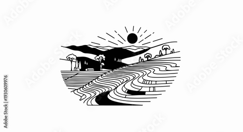 Stylized line art of sun rising over terraced hills and lush greenery