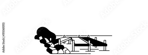 Stylized image of a creature and a simple wooden bridge structure